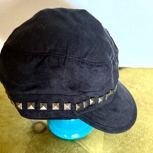 NEWSBOY STUD CAP CHARCOAL CANVAS BLACK HAT BRASS STUDS TRIM OSFM